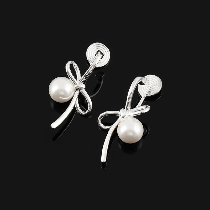 Elegant Silver Alloy Bowknot Pearl Stud & Clip On No Piercing Unique Gentle Fashion Earrings