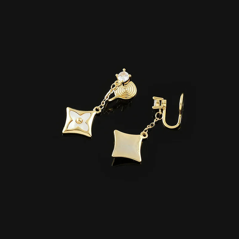 Elegant Gold Alloy White Enamel Shell Spiral Disc Chain Tassel Zircon Stud & Clip On No Piercing Drop Earrings