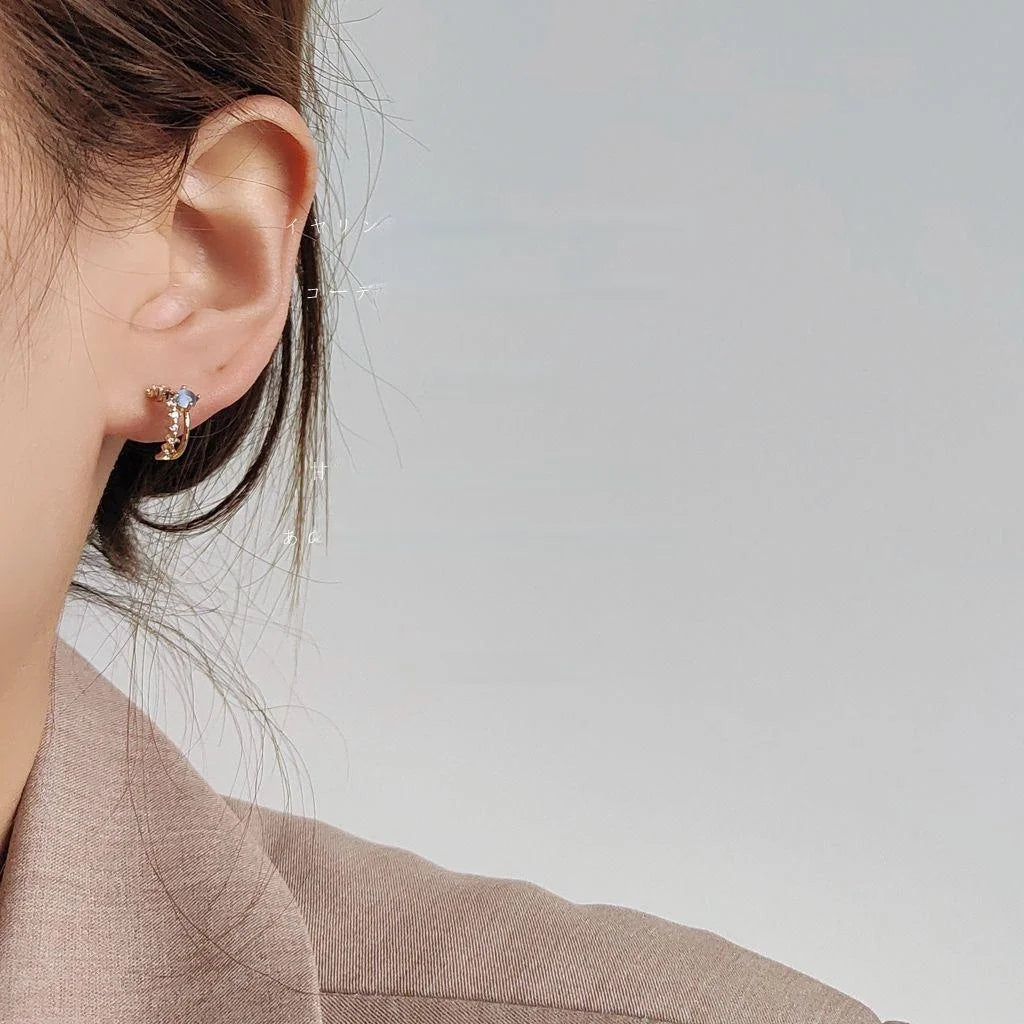 French Light Luxury 14K Plated Ring Stud Earrings With Zircon Glass Cat Eye Stone For Women