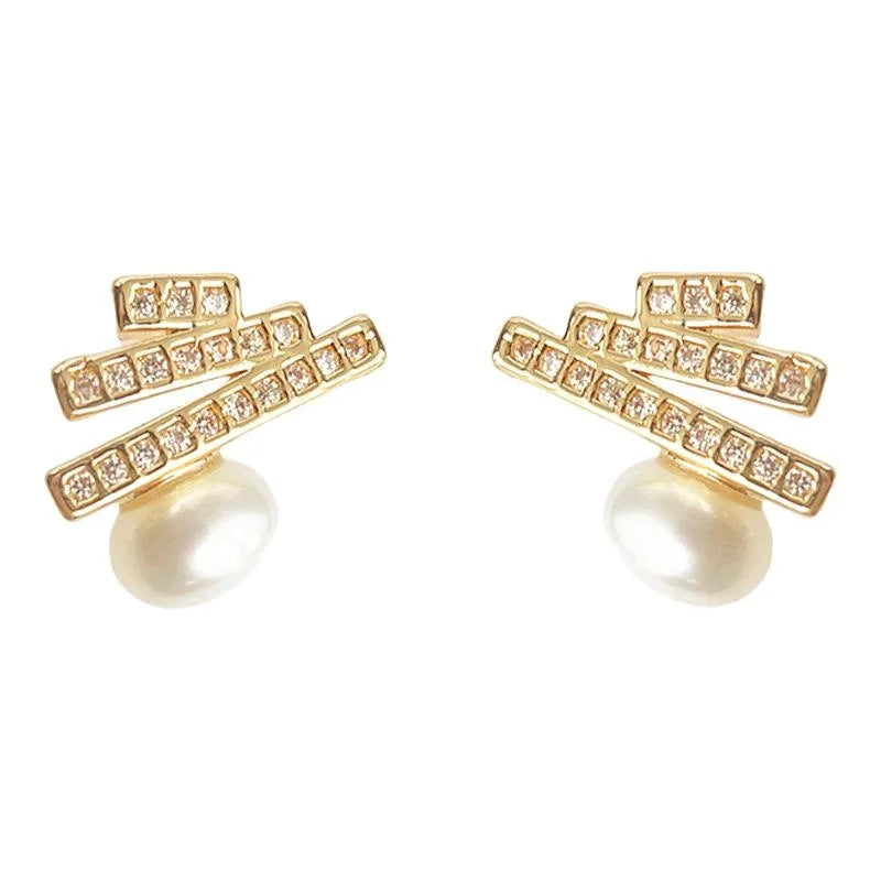 14K Gold Plated Copper Freshwater Pearl Zircon Geometric Line Christmas Tree Stud Earrings