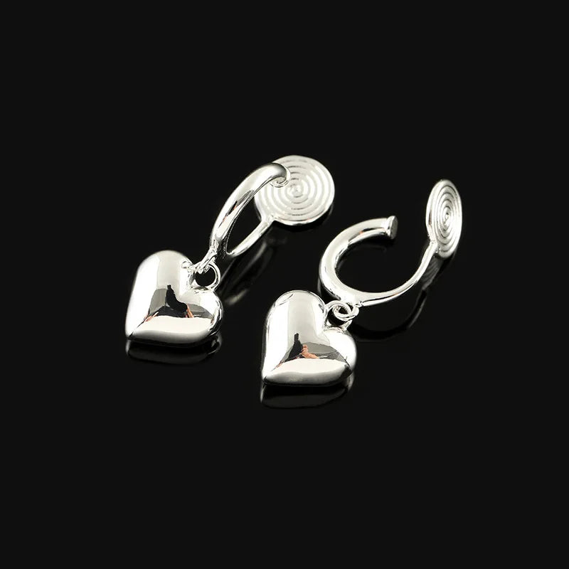Elegant Smooth Silver Alloy Puffy Heart Drop Stud & Clip On No Piercing Versatile Fashion Earrings