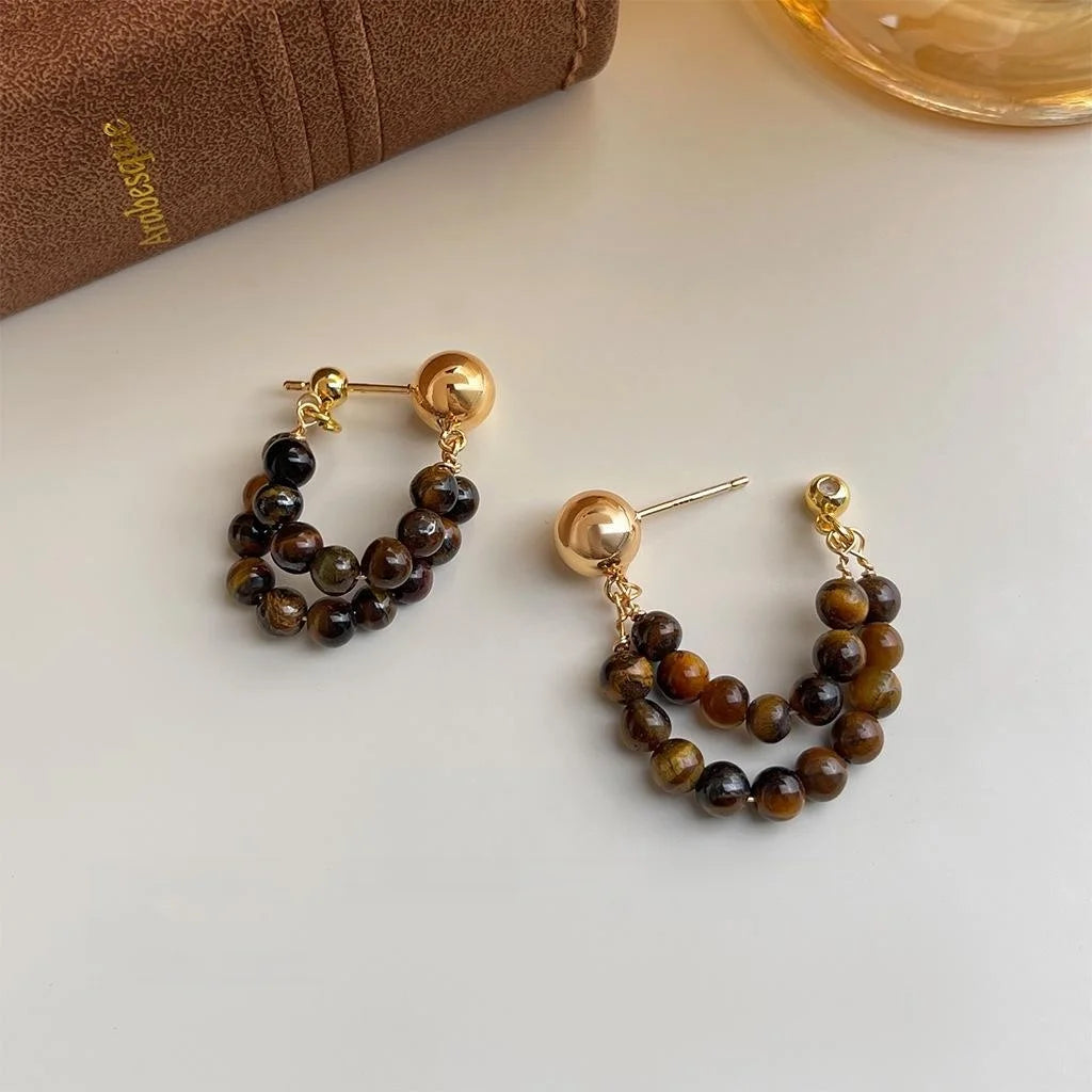 Maillard Style Tiger Eye Natural Stone Drop Earrings, U-Shaped Copper Geometric Front-Back Jewelry