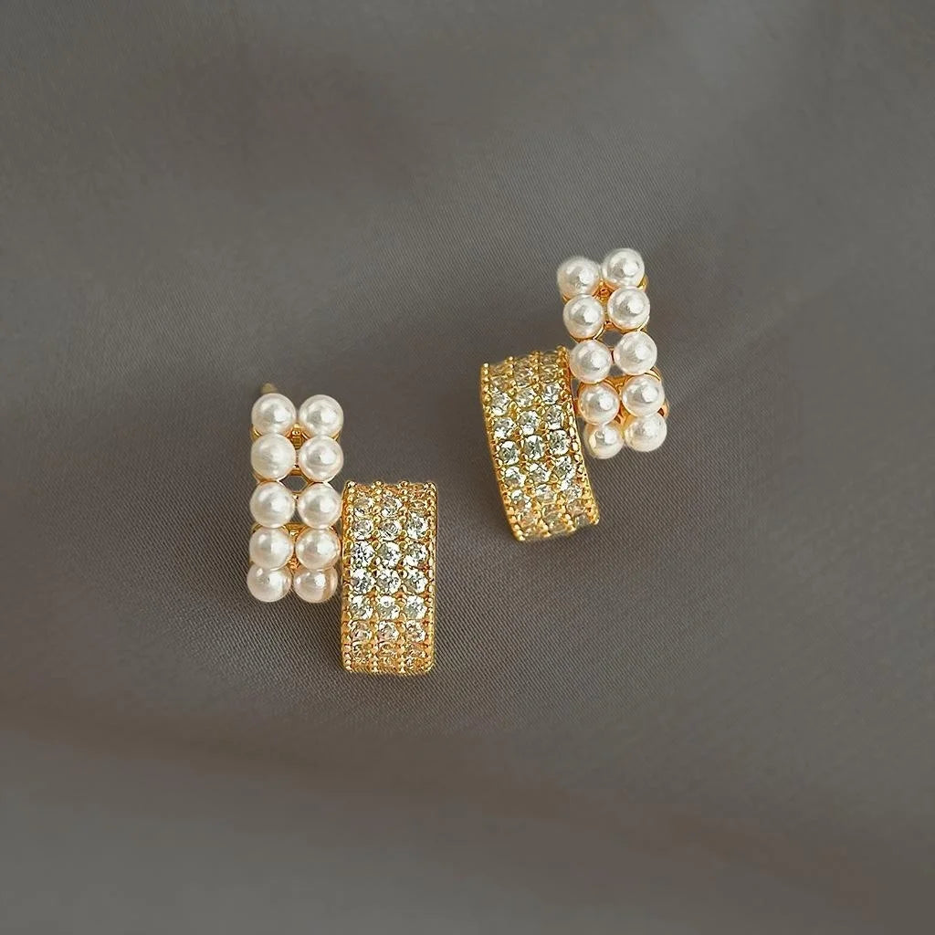 14K Gold Plated Copper Geometric Square Pearl Zircon Stud Earrings For Women Light Luxury