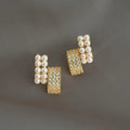 14K Gold Plated Copper Geometric Square Pearl Zircon Stud Earrings For Women Light Luxury