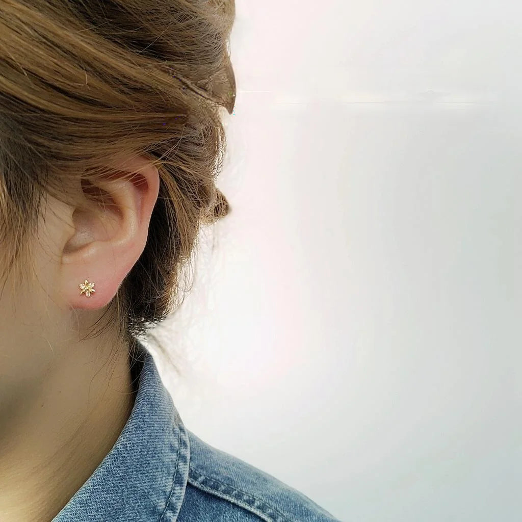 Gold Plated Copper Asymmetric Zircon Flower Stud Earrings With Silver Plated Pins, Fresh Minimalist