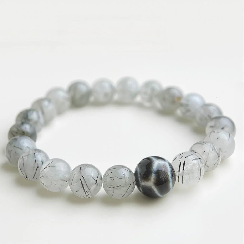 Natural Black Rutilated Quartz Beaded Bracelet New Chinese Vintage Geometric Round Design