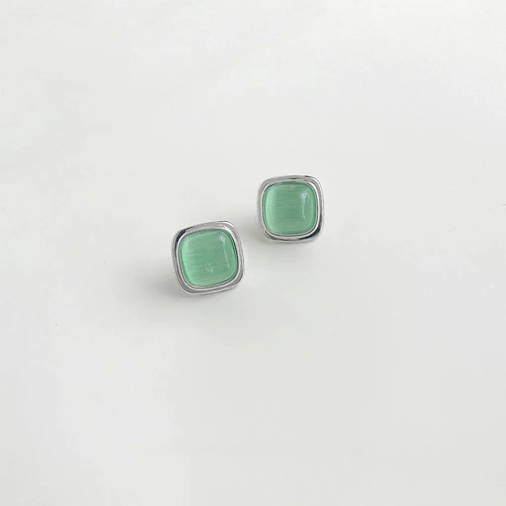 Minimalist Green Glass Cat Eye Stone Square Geometric Copper Stud Earrings For Women