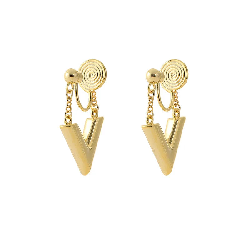 Luxury Gold Alloy Smooth V Letter Drop Stud & Clip On No Piercing Minimalist Chain Dangle Earrings