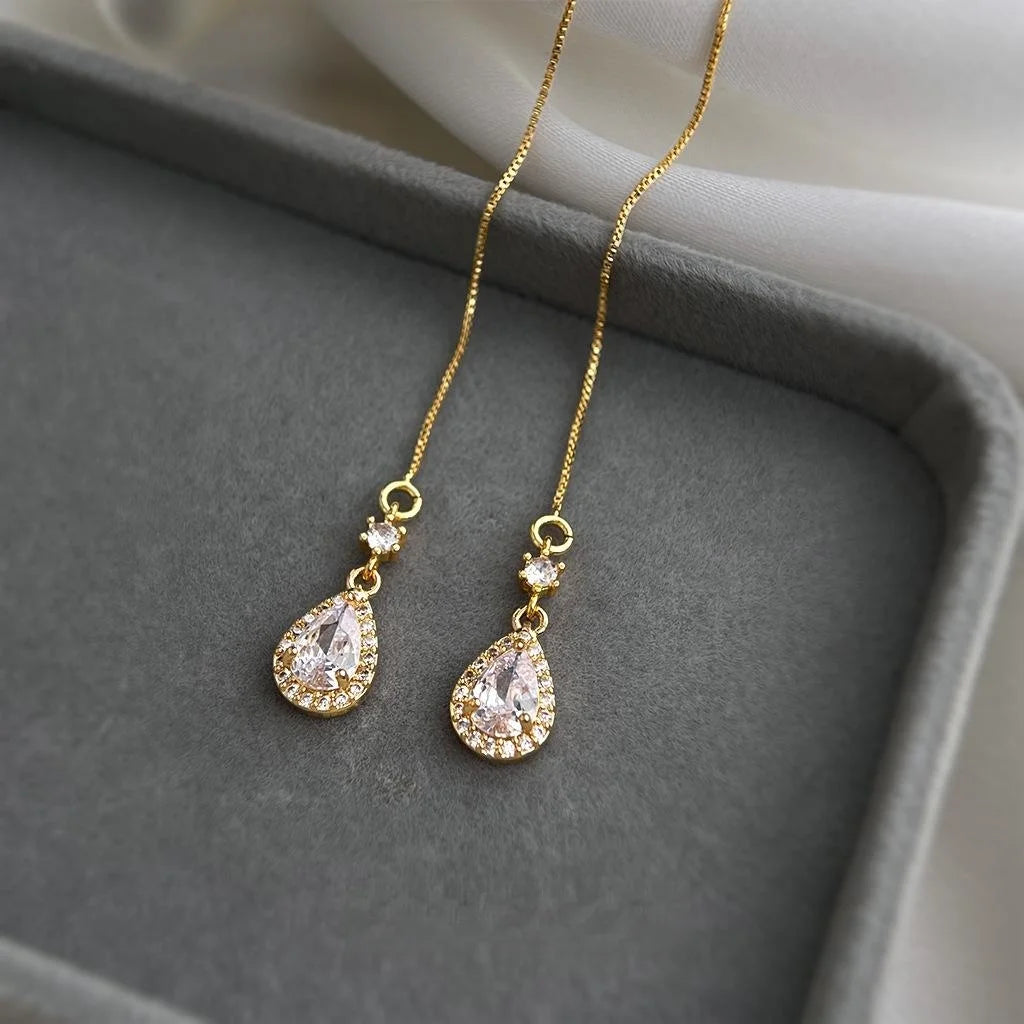 Eco-Friendly Copper Zircon Teardrop Drop Earrings, Long Minimalist Geometric Commuter Jewelry