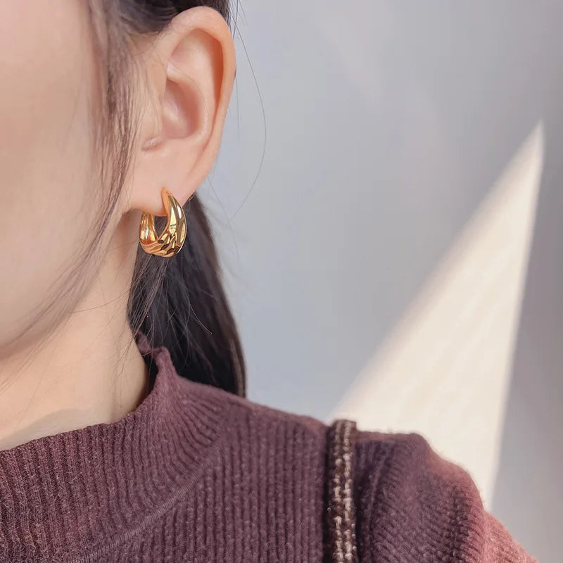 Elegant Gold Alloy Wrinkled Hoop Earrings For Women, Minimalist Stud & Clip On No Piercing Earrings