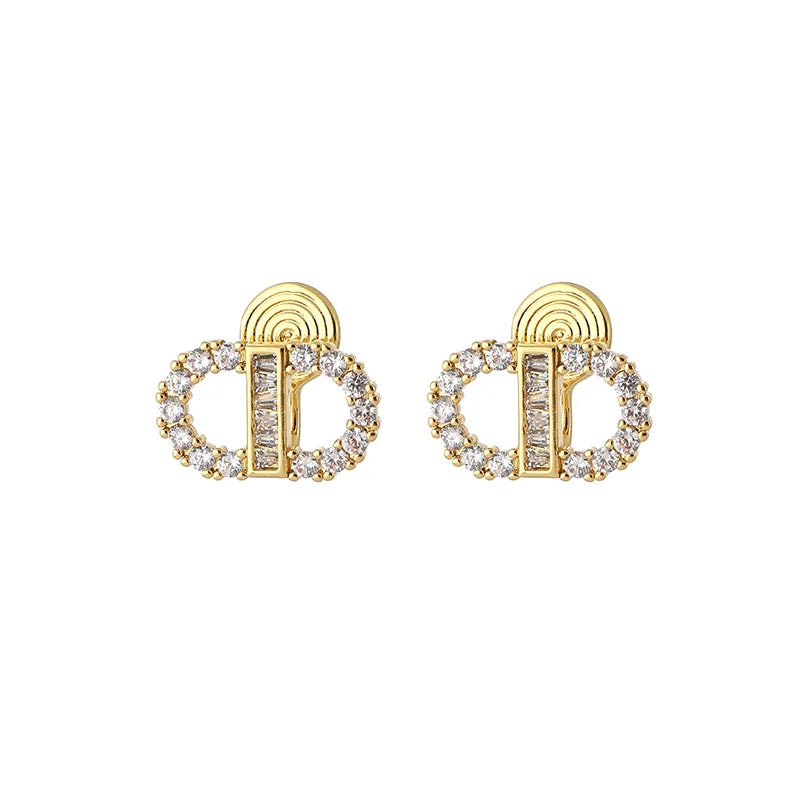 Luxury Zircon Pave Double Circle Letter Stud & Clip On No Piercing Gold Alloy Fashion Earrings