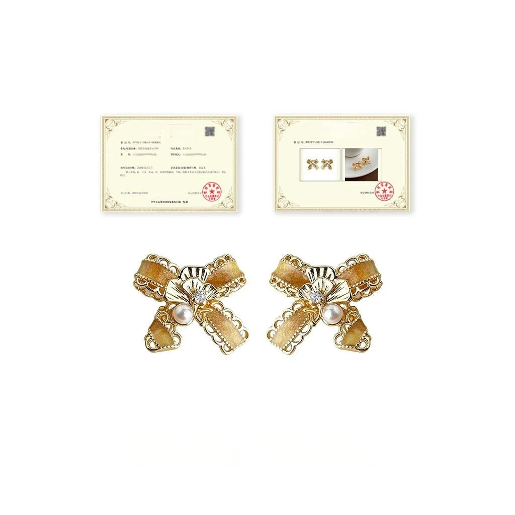 Maillard Style Bow Ginkgo Leaf Stud Earrings, Hand Painted 14K Plated Copper