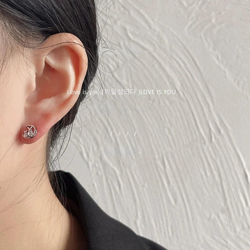 Cute Mini Moon Rabbit Micro Pave Zircon Stud Earrings Silver Tone Copper Sweet Cool Animal Jewelry