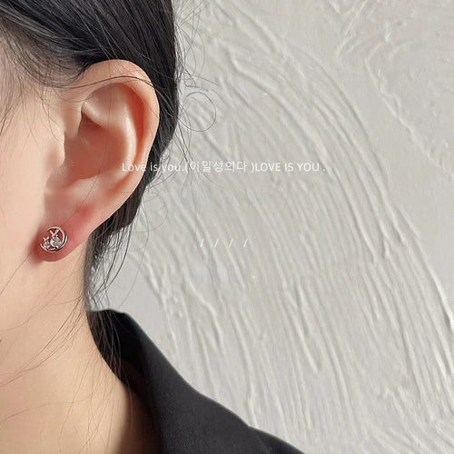 Cute Mini Moon Rabbit Micro Pave Zircon Stud Earrings Silver Tone Copper Sweet Cool Animal Jewelry