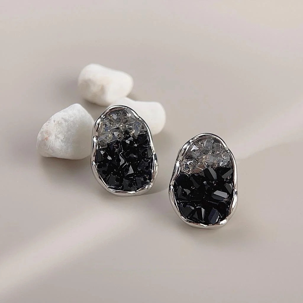 Black Glass Crystal Irregular Geometric Stud Earrings Elegant Handmade Jewelry