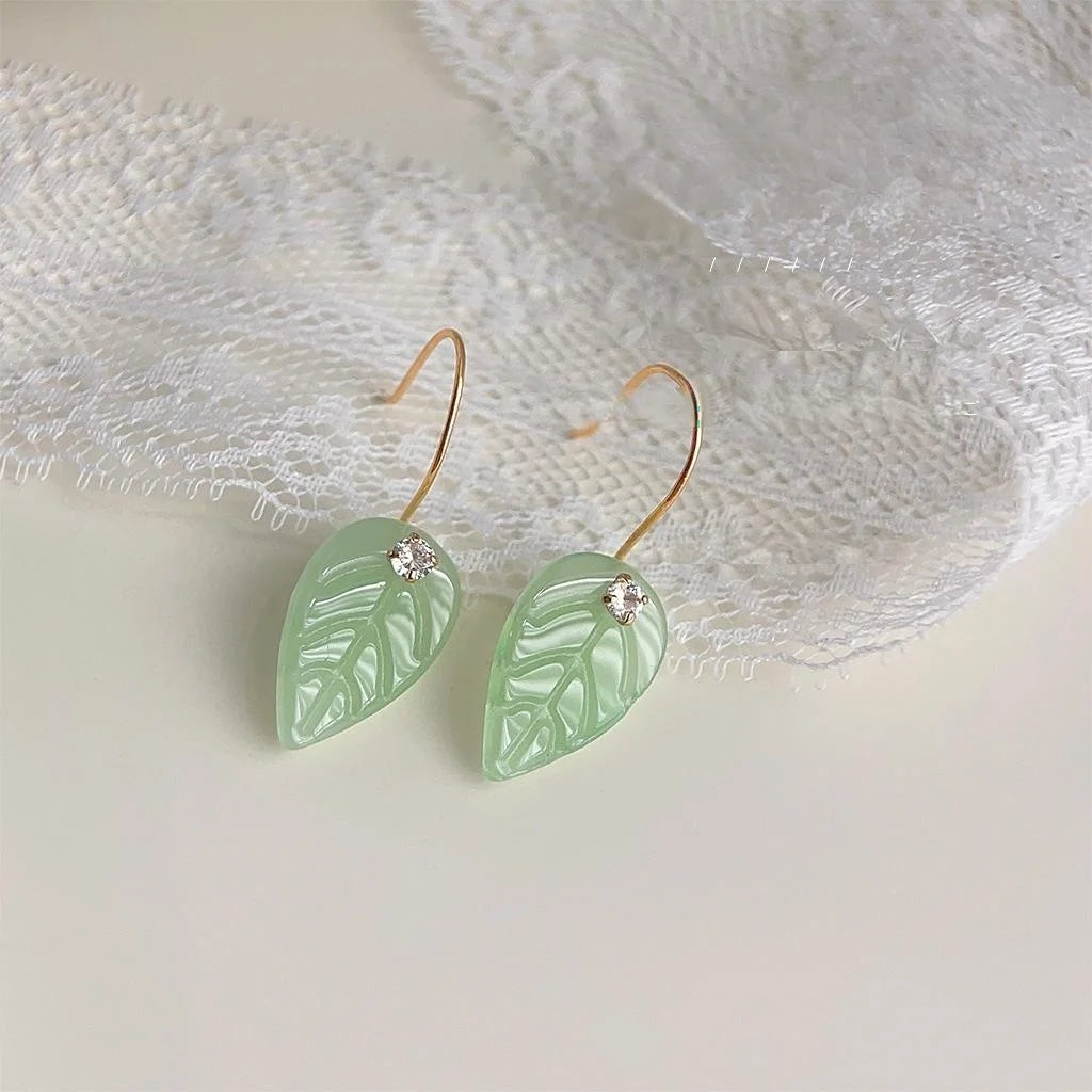 New Chinese Style Glass Synthetic Jade Leaf Tassel Drop Earrings With Micro Pave Zircon
