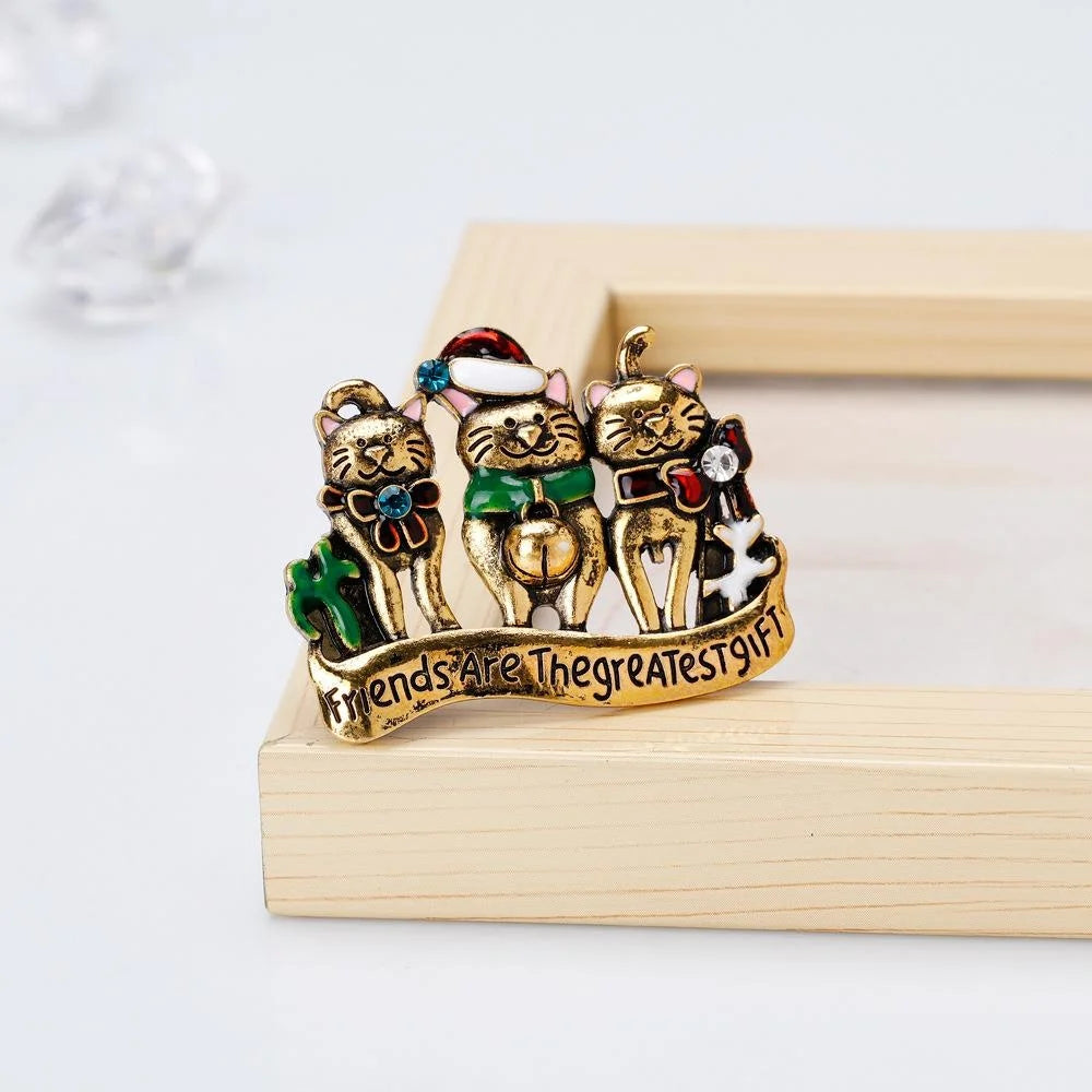 Cute Christmas Three Cats Alloy Enamel Rhinestone Brooch, Vintage Women's Lapel Pin Suit Accessory Gift