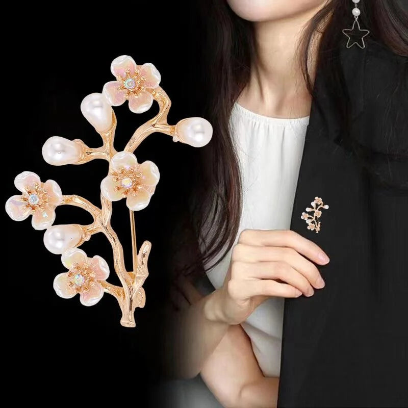 Elegant Peach Blossom Branch Brooch With Faux Pearl And Rhinestone Flowers, Gold Alloy Lapel Pin Gift