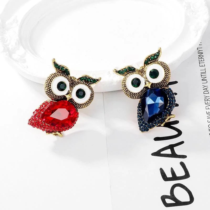 Vintage Big Eye Owl Brooch With Red Rhinestone Crystal, Gold Tone Alloy Animal Lapel Pin Coat Gift