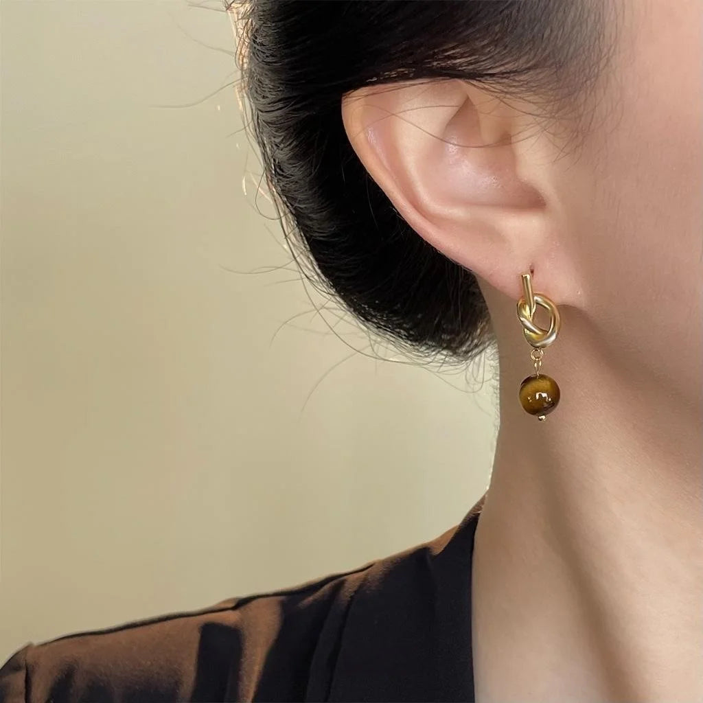 Natural Tiger Eye Stone Geometric Knot Drop Earrings French Vintage Maillard Style