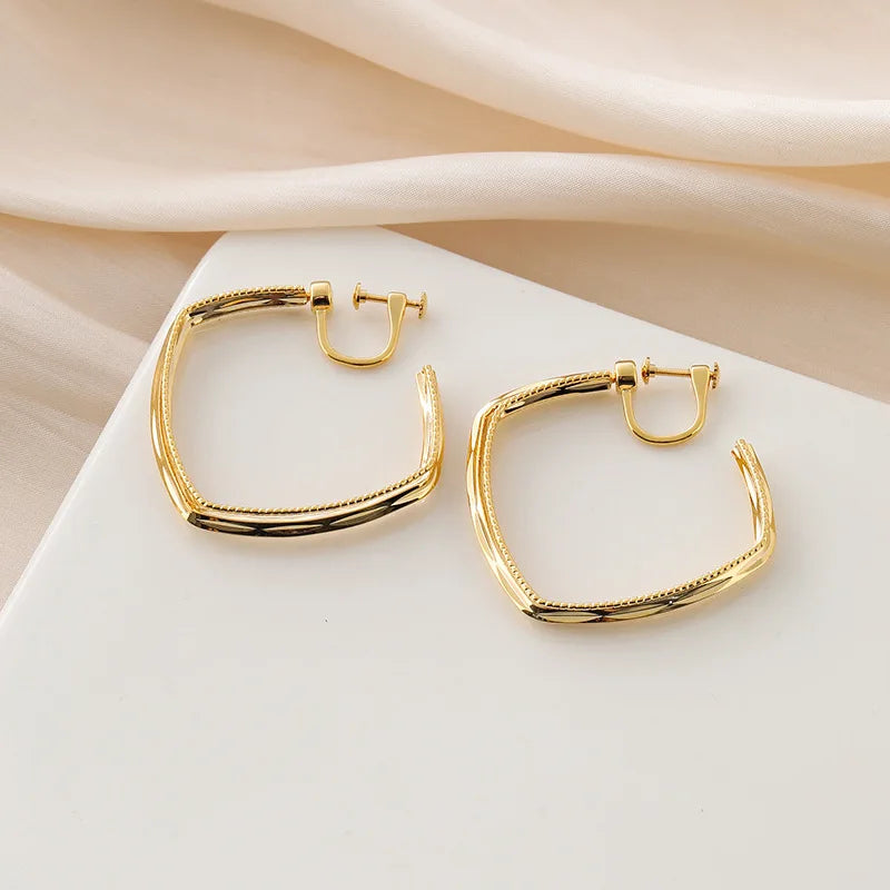Elegant Gold Alloy Multi Layer Square Hoop Stud & Clip On No Piercing Geometric Hong Kong Style Earrings