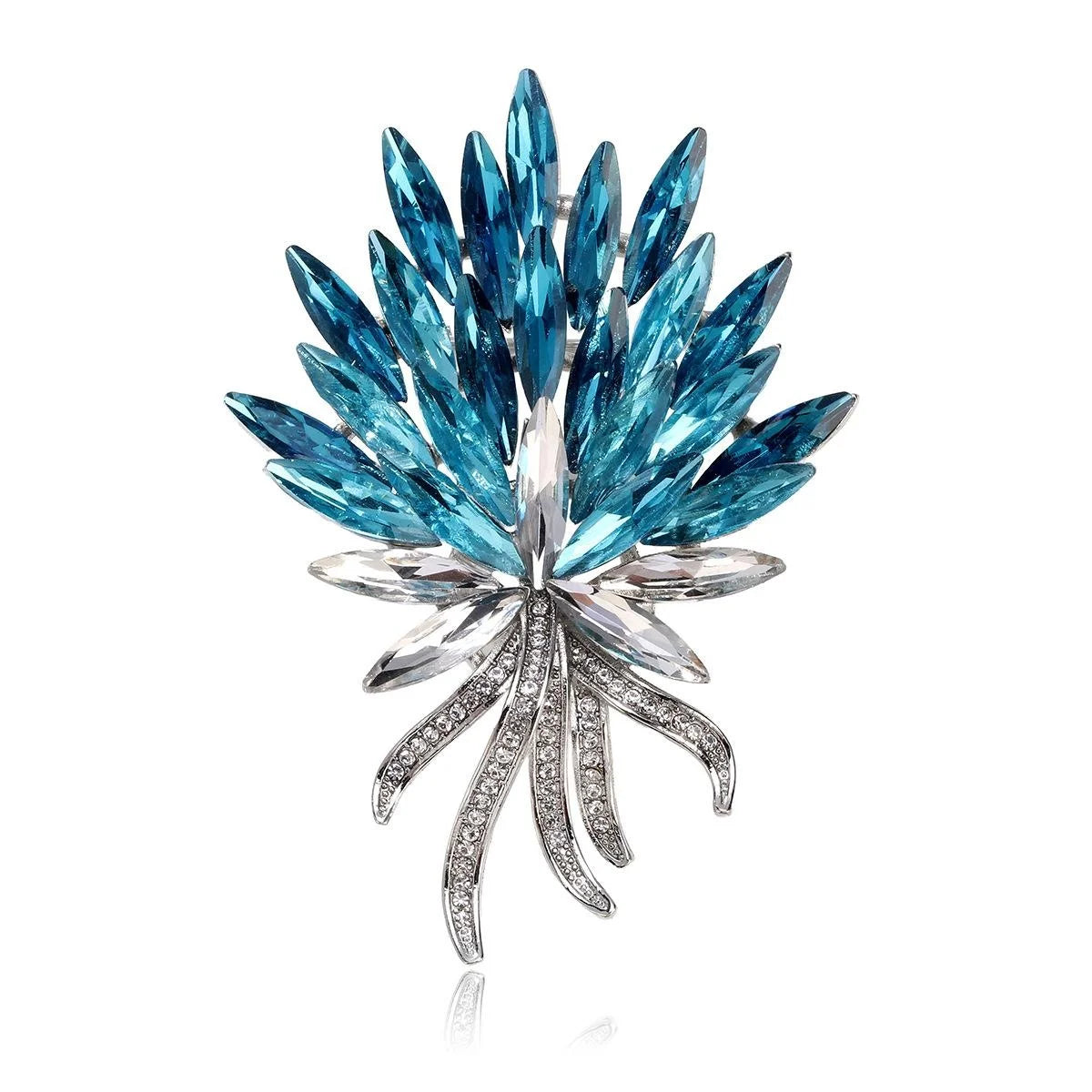 Luxury Blue Crystal Flower Bouquet Brooch With Rhinestone Stems, Elegant Corsage Lapel Pin Suit Accessory