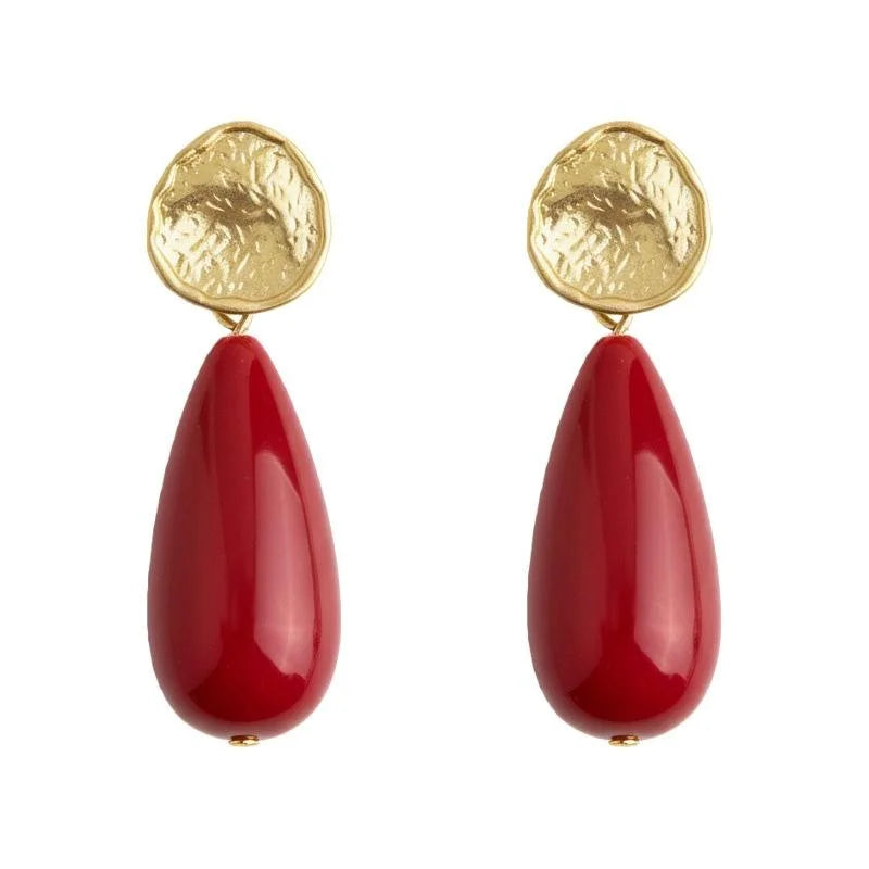 Vintage Hong Kong Style Burgundy Resin Teardrop Drop Earrings