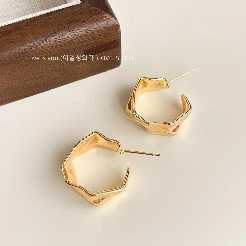 European American Geometric Copper Hoop Earrings Hollow Square Irregular Crinkle Metal Design