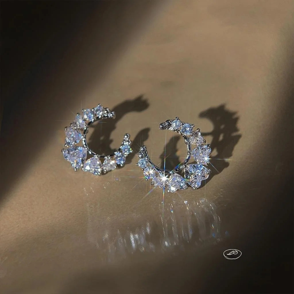 Copper Zircon Moon Stud Earrings For Women Trendy Sweet Cool Creative Jewelry