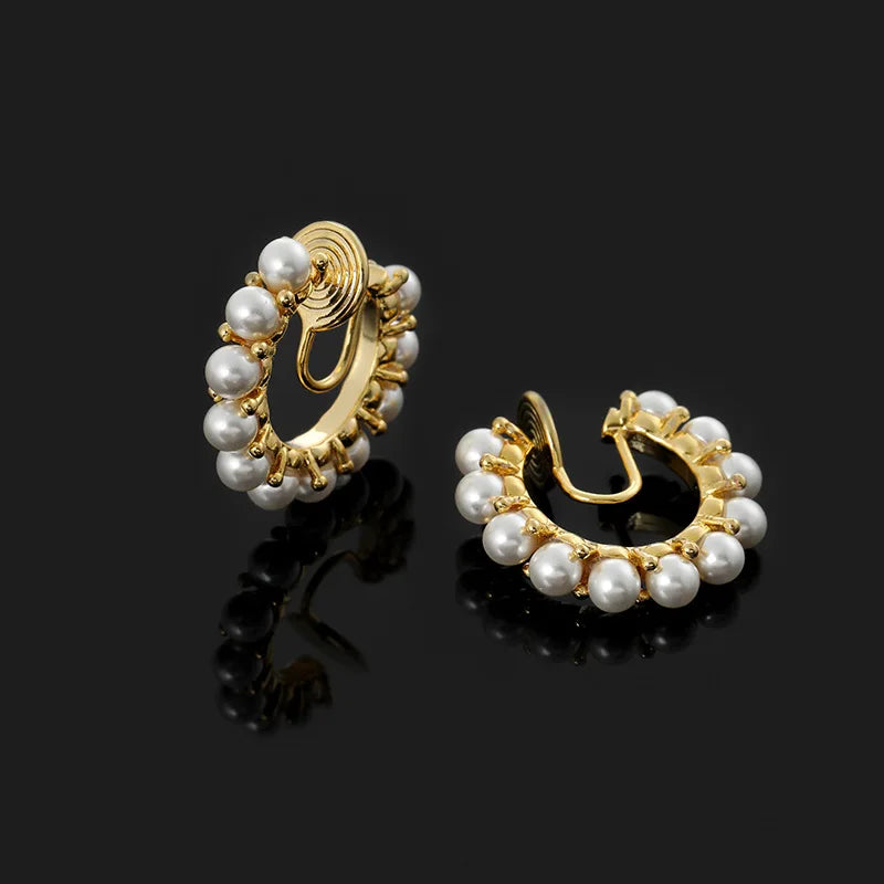 Luxury Vintage Pearl Hoop Circle Stud & Clip On No Piercing Gold Alloy French Round Earrings