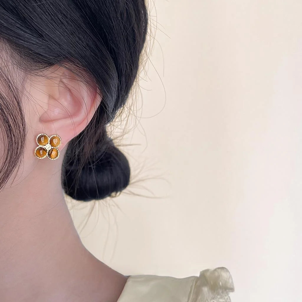 Maillard Tiger Eye Geometric Stud Earrings French Vintage Cat Eye Glass Flower Jewelry
