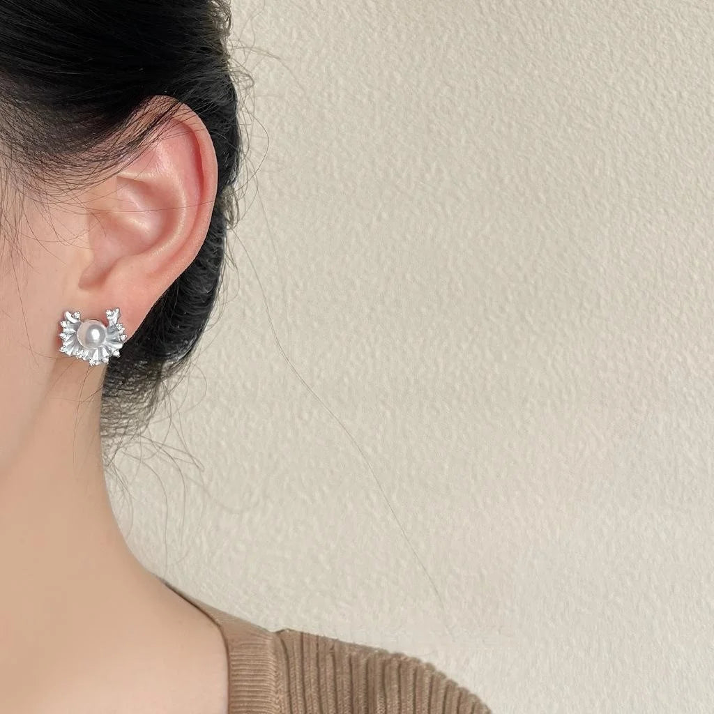Micro Pave Zircon Pearl Ruffle Stud Earrings Copper Geometric Minimalist Office Jewelry