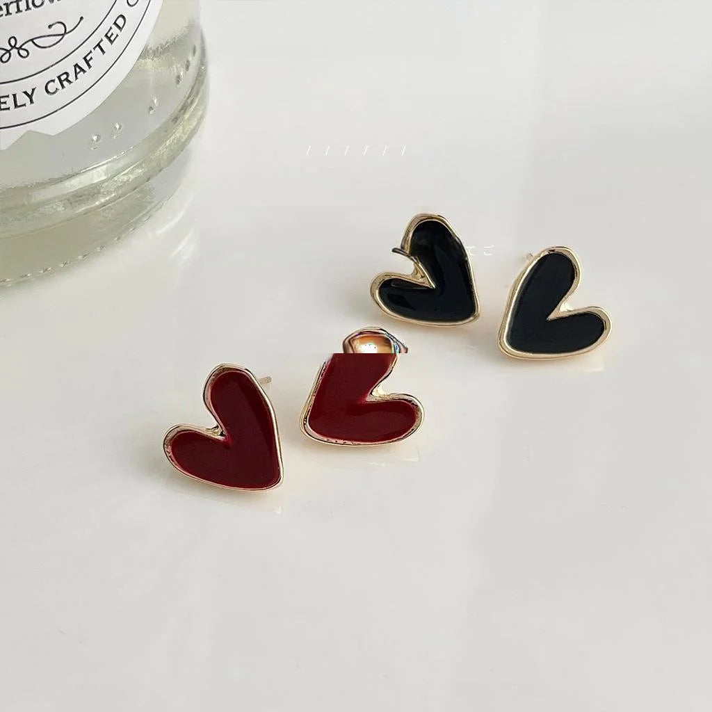 14K Plated Copper Heart Stud Earrings, Minimalist Vintage Light Luxury Enamel Jewelry