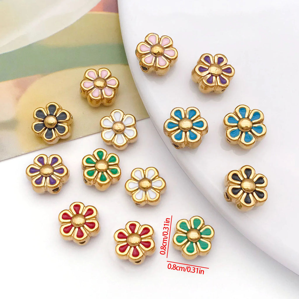 Enamel Stainless Steel Daisy Flower Double Sided Beads with Hole for DIY Bracelet Jewelry