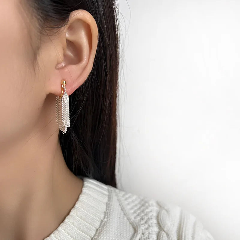 Elegant Alloy U Hoop Waterfall Silver Chain Tassel Fashion Stud & Clip On No Piercing Earrings