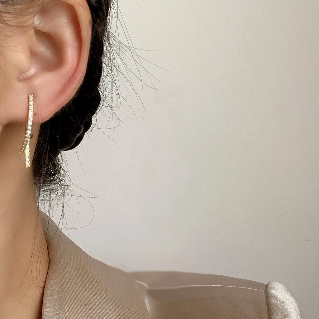 Elegant Gold Alloy Zircon Spiral Disc Cross Drop Stud & Clip On No Piercing French Slim Earrings