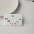 3 Piece 14K Gold Plated Copper Mini Flower Insect Geometric Stud Earrings