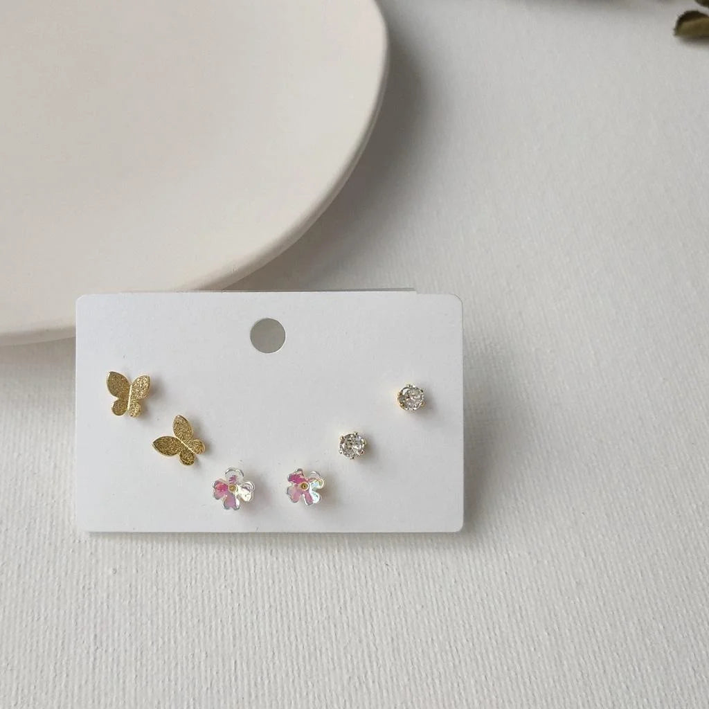 3 Piece 14K Gold Plated Copper Mini Flower Insect Geometric Stud Earrings