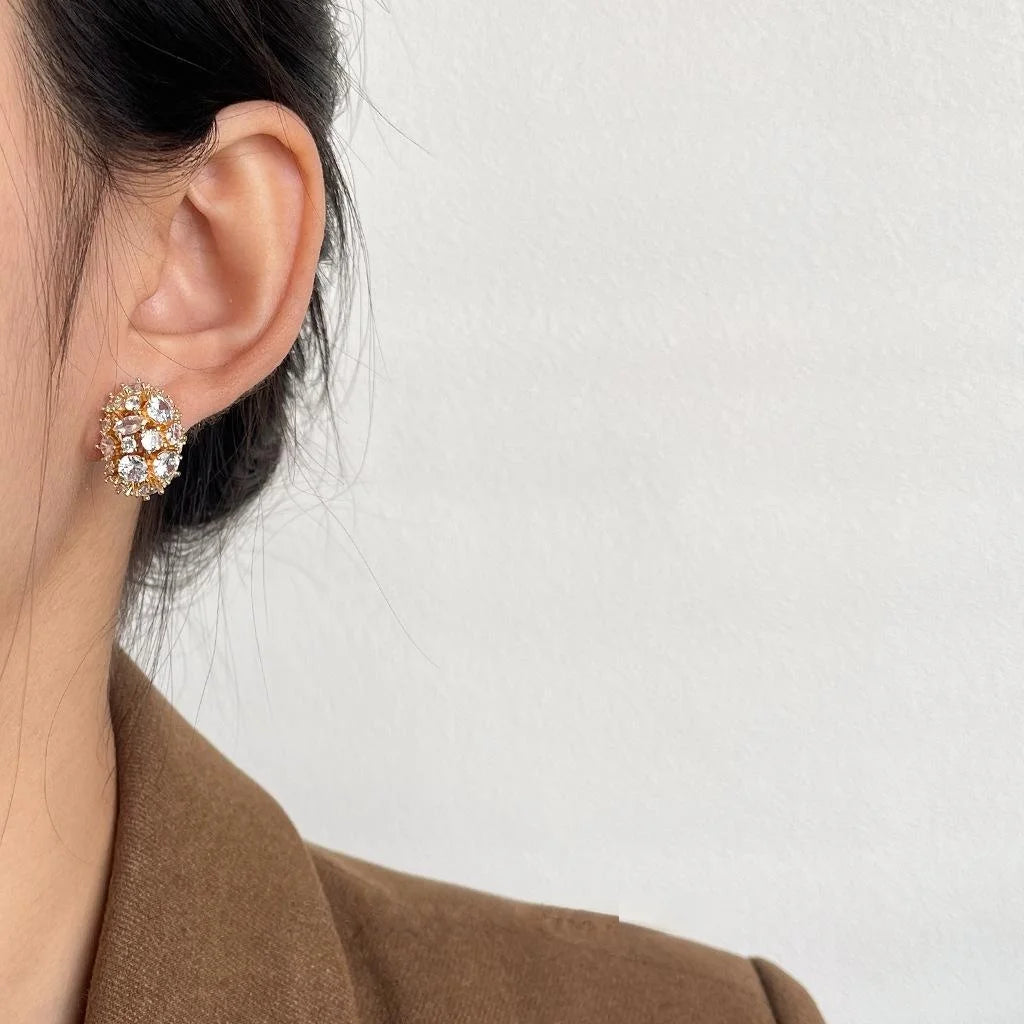 Light Luxury Oval Zircon Micro Pave Copper Stud Earrings, Geometric Statement Jewelry