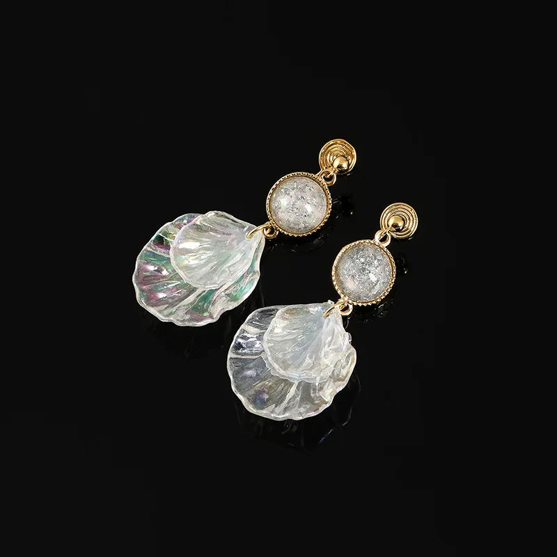 Elegant Iridescent Acrylic Shell Petal Rhinestone Stud & Clip On No Piercing Drop Earrings