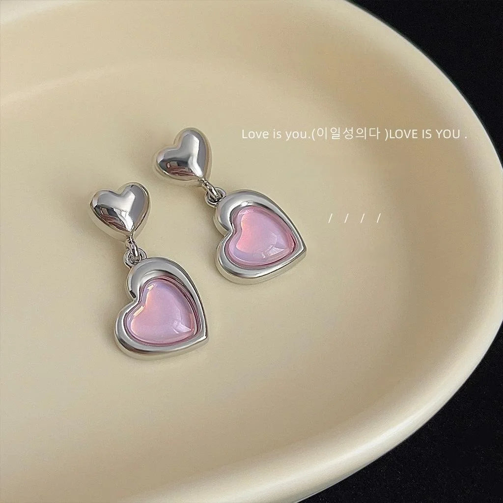 Sweet Cool Pink Heart Copper Drop Earrings Fashion Commuter Statement Jewelry