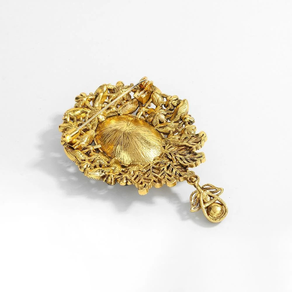 Vintage Blue Rhinestone Alloy Floral Brooch With Glass Pendant, Elegant Women's Lapel Pin Suit Accessory