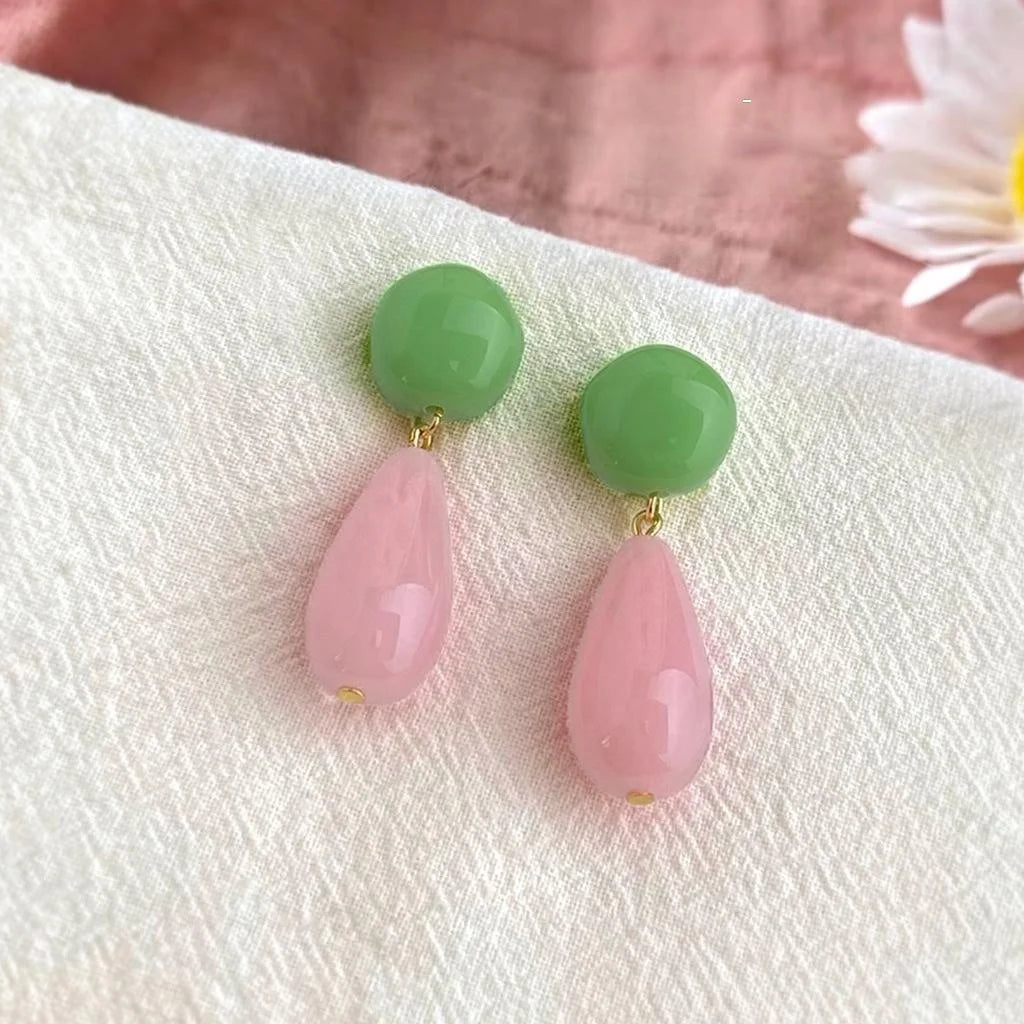 New Chinese Style Resin Teardrop Drop Earrings Pink Green Contrast Vintage Statement Jewelry