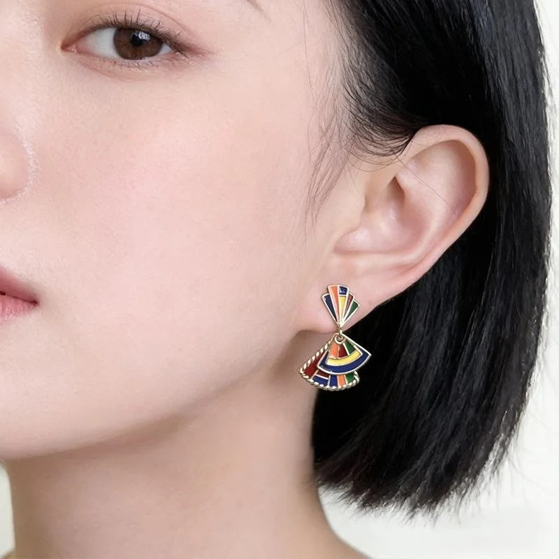 Original Painted Ethnic Fan Shaped Eco Friendly Copper Drop Earrings With Silver Plated Pins