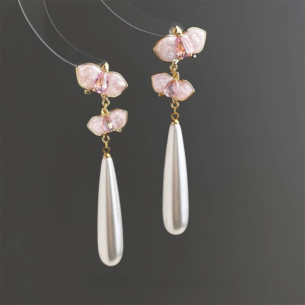 Fairy Style Copper Pink Orchid Pearl Waterdrop Zircon Enamel Tassel Drop Earrings