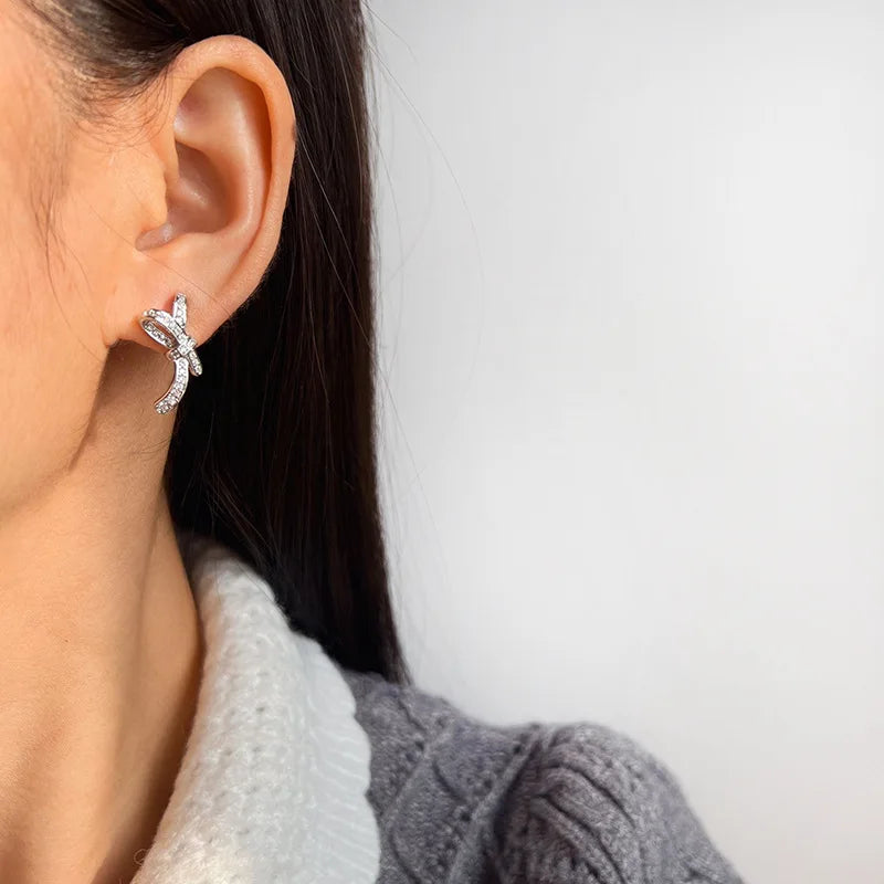 Elegant Micro Paved Zircon Bowknot Coil Stud & Clip On No Piercing Luxury Alloy Earrings