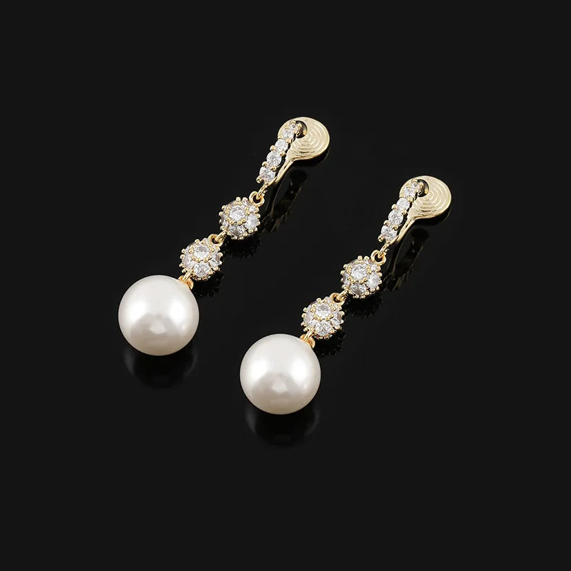 Elegant Zircon Pave Spiral Disc Pearl Drop Stud & Clip On No Piercing Long Dangle Earrings