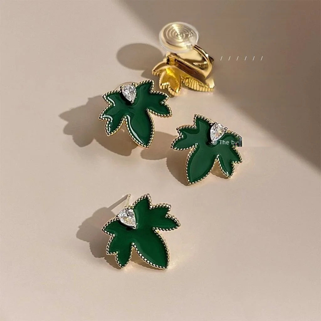 Original Green Enamel Maple Leaf Drop Earrings Copper Zircon Micro Pave Fresh Commute Jewelry