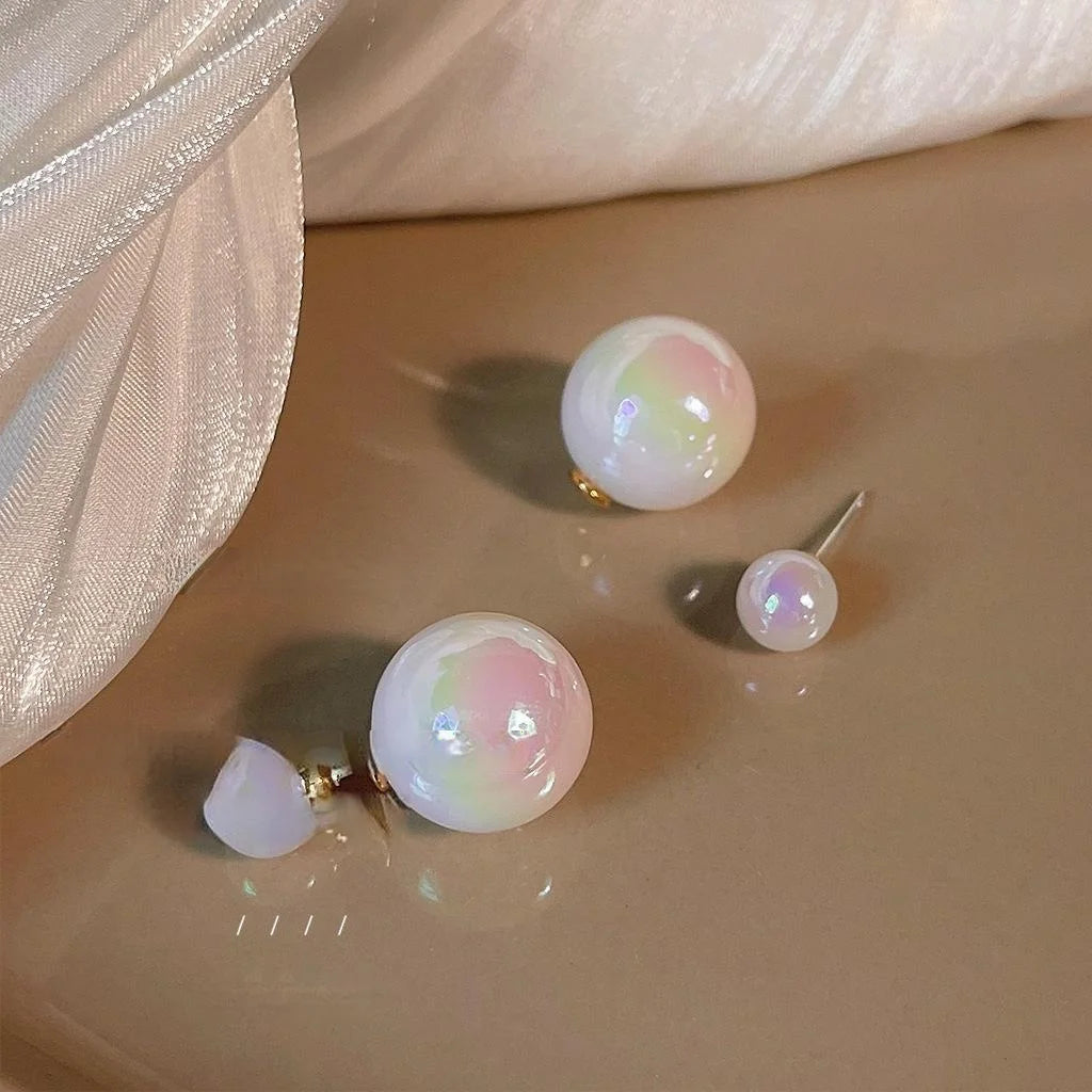 Two Way Resin Iridescent Pearl Stud Earrings With Silver Plated Pins Minimalist Korean Geometric Style