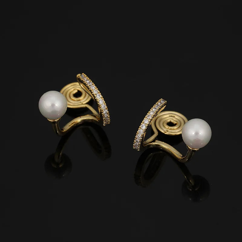 Elegant Pearl Spiral Coil Zircon Alloy Stud & Clip On No Piercing Sweet Luxury Women's Earrings
